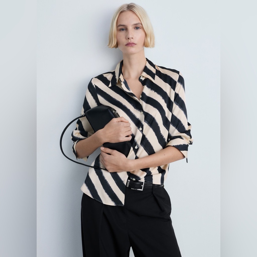 Mango Black and Cream Satin print shirt NWT